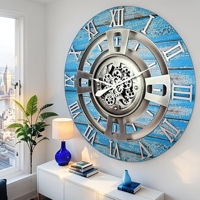 The Gears Clock Real Moving Gear Wall Clock England Line (Ocean Blue, 36 inches (90 cm))-Ruum Studio Home