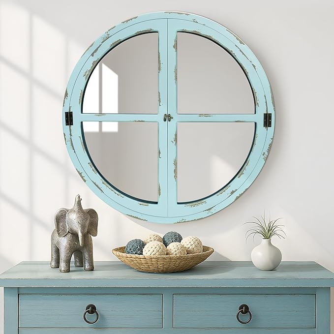 30" Round Window Mirror, Vintage Coastal Wall Mirror with Distressed Blue Wood Frame & Faux Windowpanes, Farmhouse Cottagecore Decor for Living Room, Entryway, or Dining Room-Ruum Studio Home
