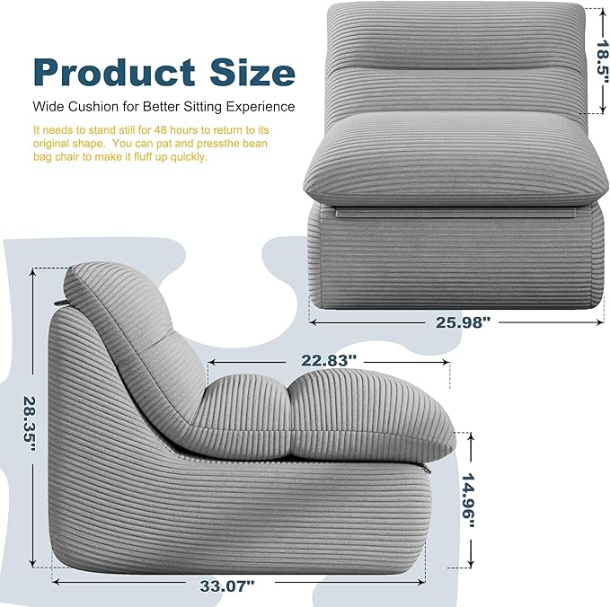 Misolant Bean Bag Chairs，Big Corduroy Fabric Sofa Bean Bag Chair for Adults and Teens with High-Resilience Sponge, Non-Slip Base Floor Lounge Sofa for Home, Living Room, Bedroom, Gaming Dark Gray-Ruum Studio Home