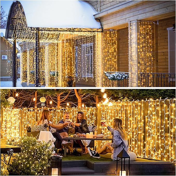 JMEXSUSS 900 LED Outdoor Christmas Curtain Lights, 9.5x29.5ft Christmas Lights Plug in with Remote, Twinkle Hanging String Light for Bedroom Wall Wedding Backdrop Window Gazebo Decor, Warm White-Ruum Studio Home