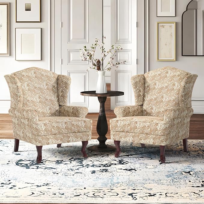 Accent Chair, High Back Upholstered Armchair with High Resilience Sponge & Wood Legs, Mid-Century Modern Comfy Single Sofa Reading Chairs for Living Room, Bedroom (Floral Sand, Set of 2)-Ruum Studio Home