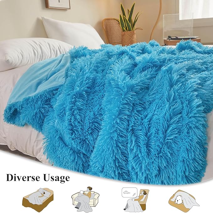 XeGe Luxury Faux Fur Throw, Blue Soft 50x60 Fluffy Blanket, Shaggy Plush Decorative Couch Cute Furry Bed Throw Fuzzy Office Lap Blanket for Bedroom Living Room Sofa Chair, Blue-Ruum Studio Home