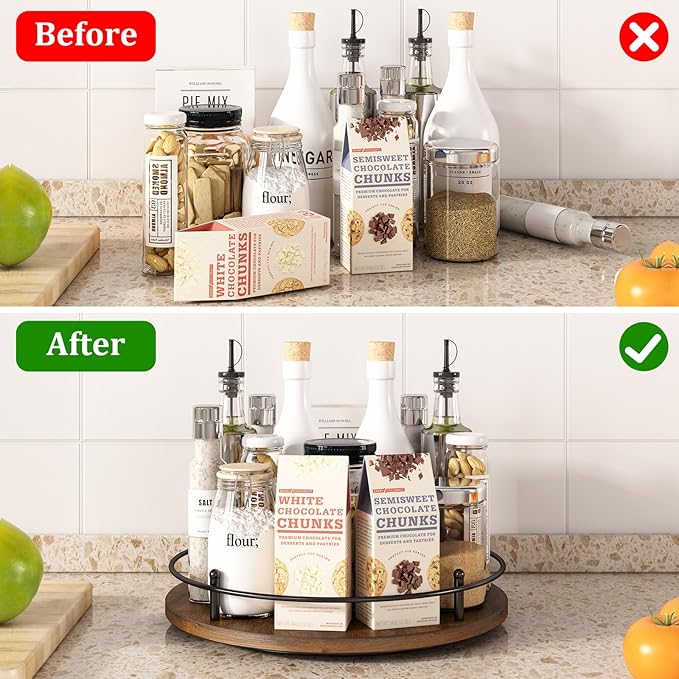 12" Lazy Susan Turntable Organizer,Round Wooden Lazy Susan Organization and Rotating Spice Rack for Dining Table,Pantry,Kitchen Countertop,Vanity,Cupboard and More.Vintage Wood(Round)-Ruum Studio Home
