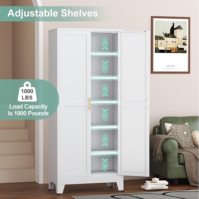 Metal Pantry Cabinet with 2 Doors and 5 Adjustable Shelves, 75" Kitchen Storage cabinets with Gold Handles, Versatile Storage for Laundry Room, Living Room, Bathroom, Dinning Room, Utility Room-White-Ruum Studio Home