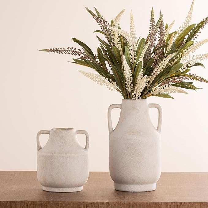 Mitt&Ditt Ceramic Flower Vase with Handles, 8 inch Tall Off-White Vase, Decorative Terracotta Vases, Farmhouse Rustic Pottery Vases for Home Decor, Living Room, Table-Ruum Studio Home