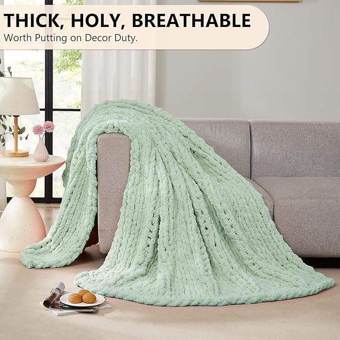 L'AGRATY Chunky Knit Blanket Throw: 60''x80'' Chenille Chunky Knitted Throw Blanket for Bed Couch - Handmade Thick Big Cable Knit Blanket - Large Crochet Rope Blanket for Home Decor(Milky Green)-Ruum Studio Home