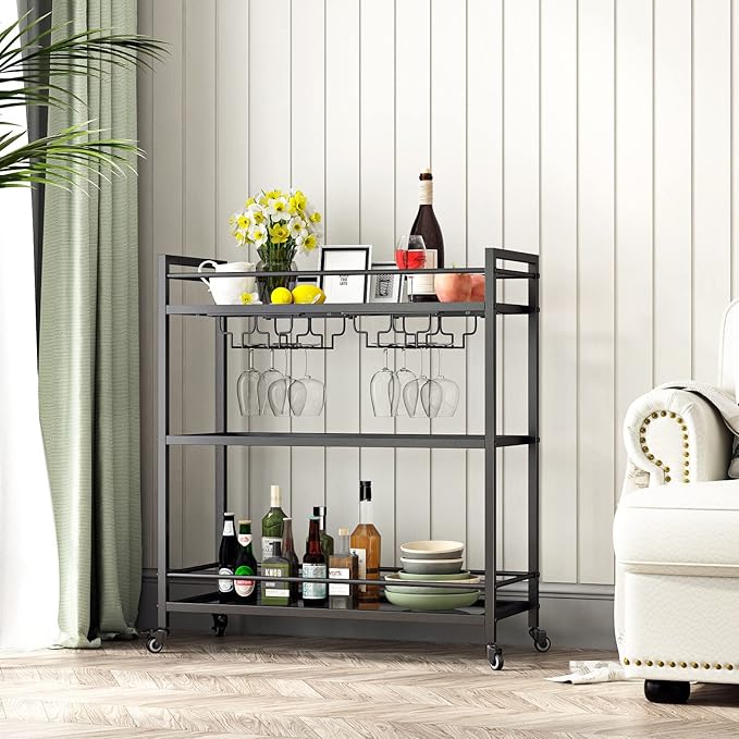 Glass Black Bar Carts for Home with Hanging Wine Rack - Home Bar Serving Cart with 3 Mirrored Shelves, Kitchen Bar Carts, Wine Cart for Entertaining, Club Party.-Ruum Studio Home