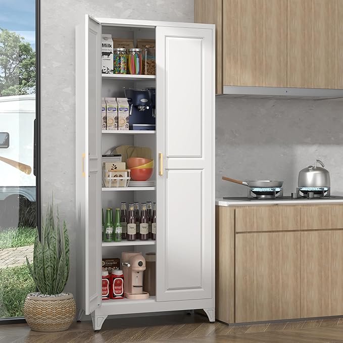 75" Storage Cabinet, Metal Pantry Cabinet, Kitchen Pantry Storage Cabinets with Doors and 4 Shelves, Cabinets for Laundry Room, Living Room, Dinning Room, Assembly Required, White-Ruum Studio Home