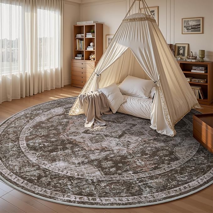 AMOAMI-6FT Round Rug-Rugs for Living Room-Vintage Soft Brick/Brown Rugs for Bedroom-Non Slip Circle Rug-Machine Washable Rug for Dining Room Living Room Bedroom Office Under Table-Ruum Studio Home