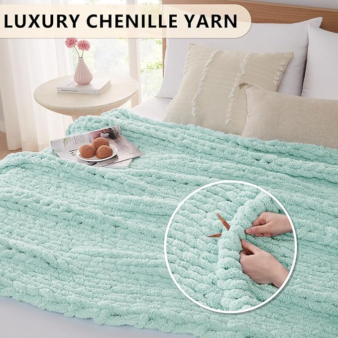 L'AGRATY Chunky Knit Blanket Throw: 60''x80'' Chenille Chunky Knitted Throw Blanket for Bed Couch - Handmade Thick Big Cable Knit Blanket - Large Crochet Rope Blanket for Home Decor(Mint Green)-Ruum Studio Home