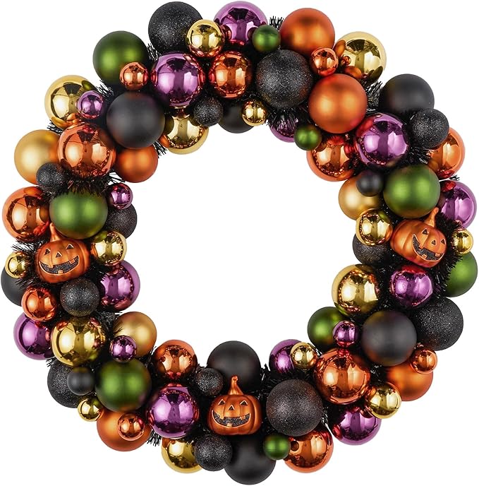 JORNOY 20inch Large Halloween Ball Wreath with Ghost & Pumpkin Accents - Seasonal Orange/Black Wall Hanging, Front Door, Mantel, Porch Decor for Home-Ruum Studio Home