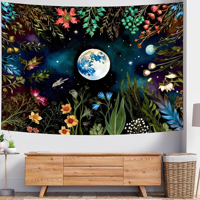 Delur Moonlit Garden Tapestry Boho Moon Floral Plant Tapestry Wall Hanging Colorful Flower Botanical Nature Night Landscape Headboard for Bedroom Living Room Home Decor (59.1" x 78.7")-Ruum Studio Home