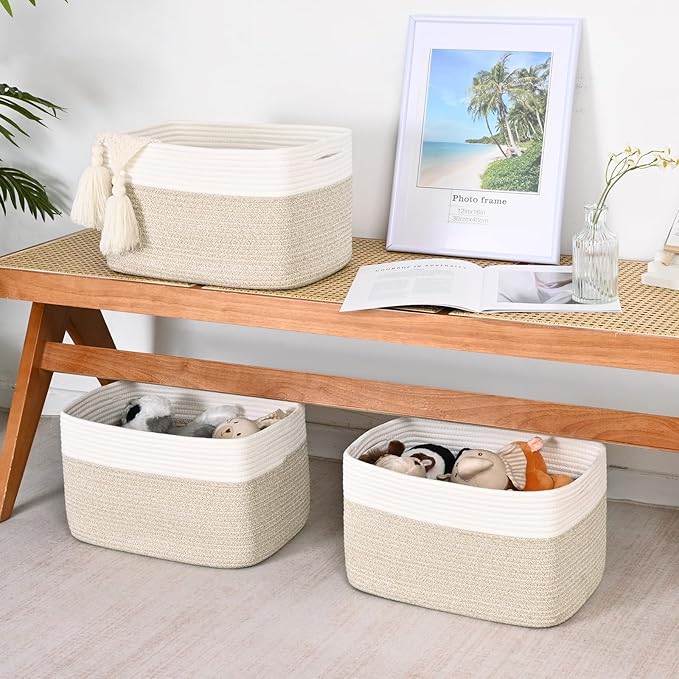 Shelf Baskets for Organizing, Woven Storage Basket for Shelves, Cotton Rope Storage Bins for Toys Books, Nursery Towel Baskets for Classroom, 14.96"X9.8"X8.85", 3-Pack White/Brown-Ruum Studio Home