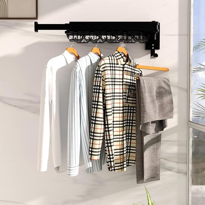 Clothes Drying Rack, Wall Mounted Laundry Drying Rack, Upgrade 3-Fold Foldable Collapsible Retractable Clothing Drying Rack with 12 Dual Hooks Organization for Laundry Room Indoor- Black-Ruum Studio Home