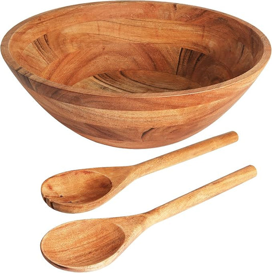 Luxe Designs Wooden Salad Bowl Set - Food Safe & Sustainable Decorative Bowl - Wood Bowl for Fruits, & Salads - Easy to Clean Large Salad Bowls Set w/Spoon, Fork – Wooden Bowls for Food (Natural)-Ruum Studio Home