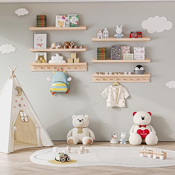 MBYD Wood Wall Shelf With Hooks Floating Shelves for Wall Bathroom Shelves Wall Mounted Nursery Floating Bookshelf for Kids Room Toy Storage Shelf for Bedroom Picture Frames Kitchen (Natural, 36 Inch)-Ruum Studio Home