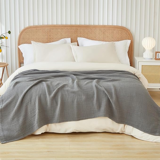 EMME Cotton Muslin Blanket King Size - Soft, Breathable Layering Blanket, 108"x90", All Season Gauze, Grey-Ruum Studio Home
