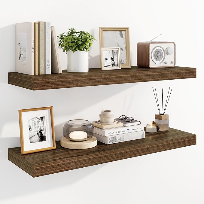 Marsmiles 31.5" Floating Shelves for Wall, Wooden Shelves with Invisible Brackets Set of 2, Rustic Farmhouse Wall Mounted Shelf for Kitchen Bathroom Living Room Study, Walnut-Ruum Studio Home