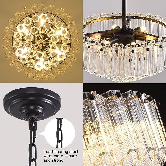 Modern Clear Glass Chandelier, 14" Round Crystal Dining Room Chandelier, Small Black Pendant Light Hanging Fixture for Bedroom, Kitchen Island Light Dimmable Ceiling Lighting Chandeliers for Bathroom-Ruum Studio Home