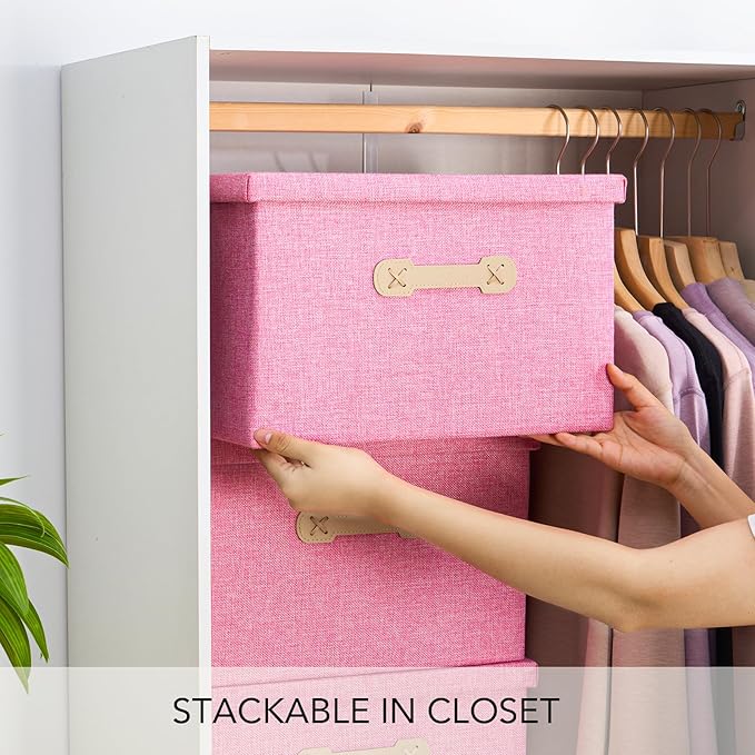 Enzk&Unity Decorative Storage Bins with Lids, Fabric Linen Foldable Storage Box with Handle Home Organizer for Shelf, Closet, Bedroom, Living Room, Office, 3 Packs, Pink-Ruum Studio Home