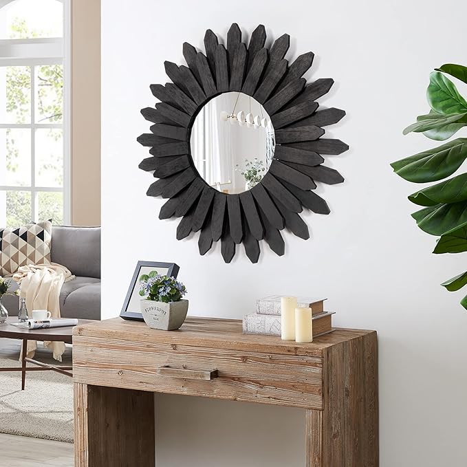 Honiway 21 inch Black Wall Decor Vintage Mirror, Boho Style, Wooden Frame, Easy to Hang, Ideal Gift-Ruum Studio Home