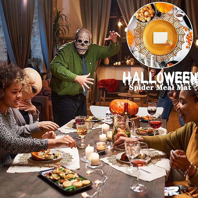 Sfcddtlg 6 Pcs Halloween Spider Web Placemats- 15"" Heat Insulation Halloween Placemats Spider Web Table Mats- Hollow Out Spiderweb Coasters Placemat for Dining Table Halloween Decoration (Brown)-Ruum Studio Home