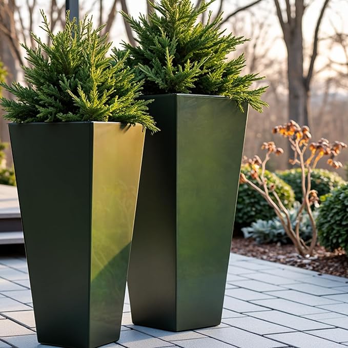 WORTH Garden Large Metal Glazed Planter Set of 2 (25" + 28"), Luxurious Glossy Finish Green Tall Square Tapered Steel Plant Pot, Decor Flower Pot Indoor & Outdoor, Drainage Hole & Dual-Purpose Saucer-Ruum Studio Home