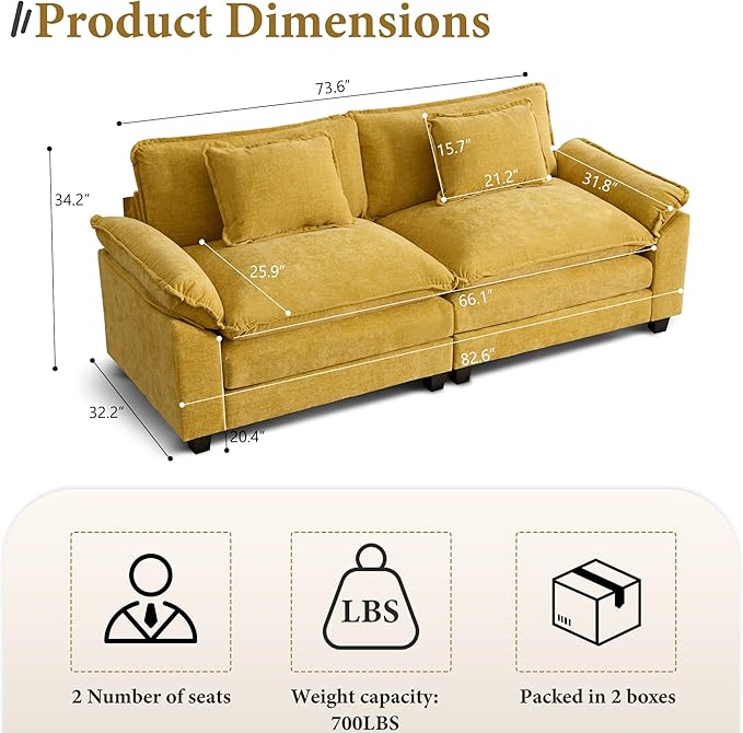 URRED Modular Sectional Sofa Comfy Cloud Couch, Modern Chenille Loveseat Sofa Sleeper Deep Seat Couches with Pillows for Living Room (Yellow, 82.6'')-Ruum Studio Home