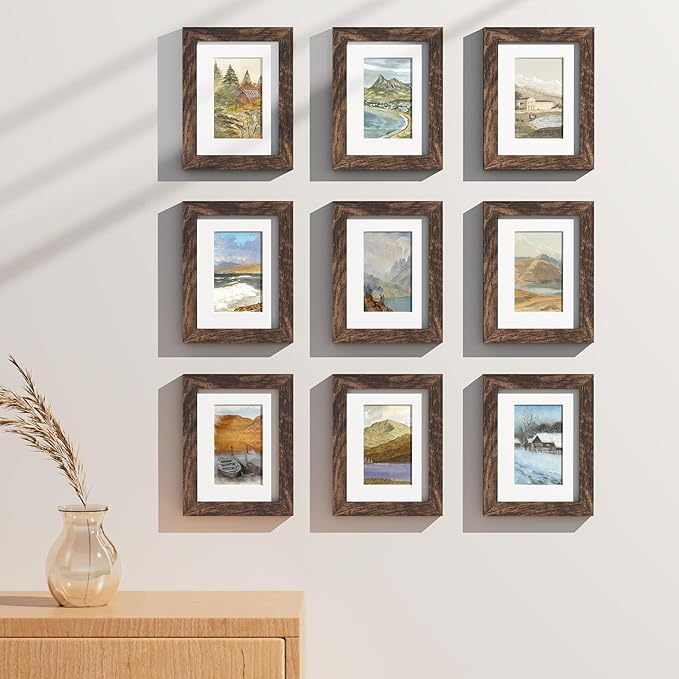 Vittanly 6x8 Picture Frames Set of 9, Shatter Resistant Plexiglass, Display 4x6 Pictures with Mat or 6x8 without Mat, Photo Frames for Wall or Tabletop, Engineered Wood, Brown-Ruum Studio Home
