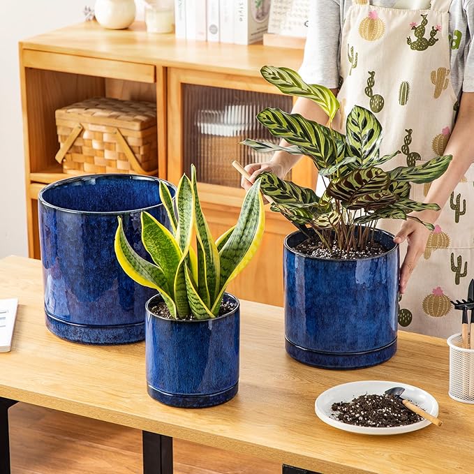 vancasso Ceramic Planters, Plant Pots for Indoor Plants, 6.25+8.25+10.25 Inch Ceramic Pots for Plants, Flower Pots with Drainage Holes (Blue, 6.25+8.25+10.25 Inch)-Ruum Studio Home