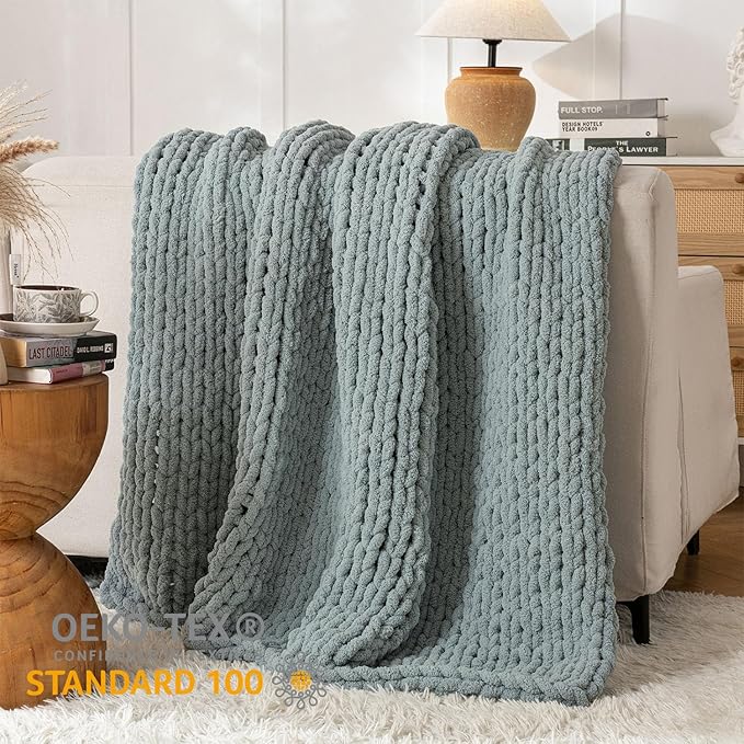 Chunky Knit Blanket Throw, 100% Hand Knit Throw Blanket Handmade Chenille Cable Knit Throw for Couch, Stylish Cozy Soft Rope Knot Crochet Blanket for Home Decor, Chambray Blue, 50x60 Inches-Ruum Studio Home