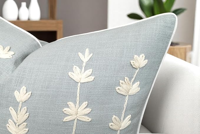 VAGMINE Hand Embroidered Daisy Accent Throw Pillow Cover - 20x20 Inches Square - 100% Cotton Robins Egg Decorative Cushion Cover for Couch, Sofa, Chair - Textured Embroidery - Boho Floral Home Décor-Ruum Studio Home