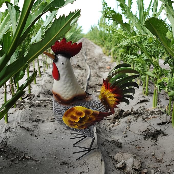 Metal Rooster Statue, Garden Outdoor Decor, Red and Gold Feathers, Weather Resistant, Metal Chicken Yard Art Sculpture, Iron Garden Animal Statue-Ruum Studio Home