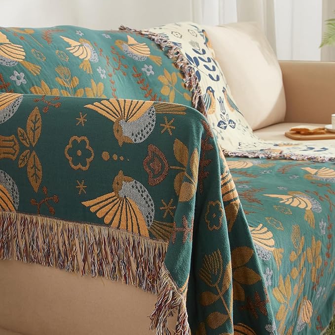Boho Throw Blanket for Couch Sofa Bed, 100% Cotton Woven Quilt with Tassel 80”x90”, Super Soft Muslin Blanket with Bird Printed, Decorative Reversible Bed Blanket/Cover for All Seasons-Ruum Studio Home