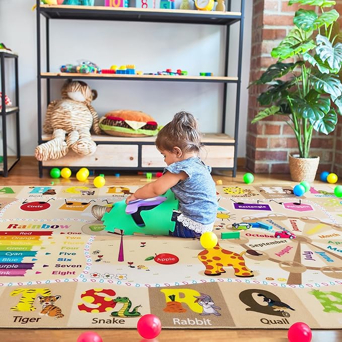7x10 Playroom Rugs for Kids Washable, Educational and Fun Playmat with ABC Alphabet Animals Shapes Colors, Non-Slip Play Mat Learning Rug for Baby Toddler Children Game Activity，Beige, Pink-Ruum Studio Home