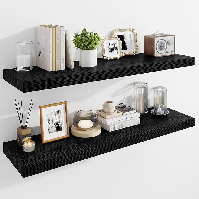 Marsmiles 39" Floating Shelves for Wall, Wooden Shelves with Invisible Brackets Set of 2, Rustic Farmhouse Wall Mounted Shelf for Kitchen Bathroom Living Room Study, Black-Ruum Studio Home