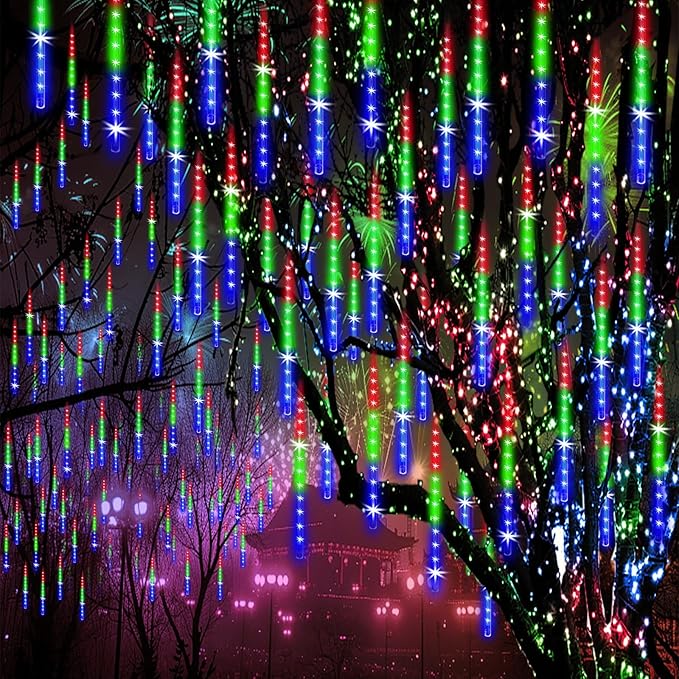 Meteor Shower Lights Outdoor Christmas Lights 24-Tube 576LEDs Snow Falling Rain Cascading Icicle Light for Christmas Tree Decorations Wedding Party Holiday Garden Decor, UL Plug Multi Color-Ruum Studio Home