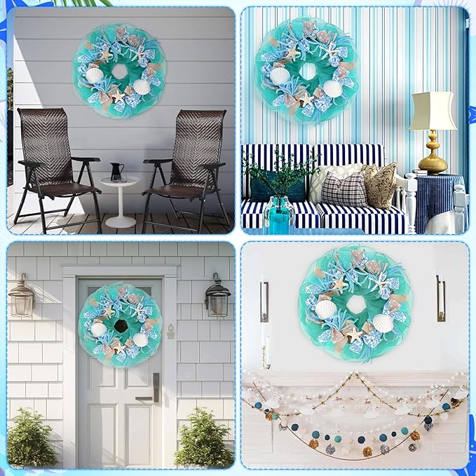 26 Inch Coastal Seashell Large Wreath with Natural Starfish & Scallops Shell, Lake Blue Beach Style Front Door Wreath with for Spring Summer, Farmhouse Rustic Indoor Outdoor Home Wall Wedding Decor-Ruum Studio Home