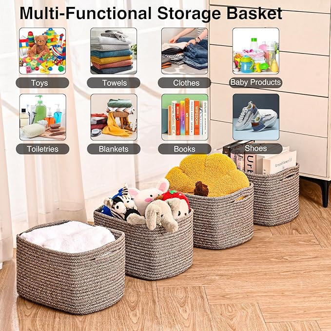 Storage Baskets for Shelves Organizing, Woven Cotton Rope Baskets for Storage, Book Basket, Decorative Shelf Basket, 12.5"Lx9.1''Wx7.9''H (4 Packs) Dark Brown-Ruum Studio Home