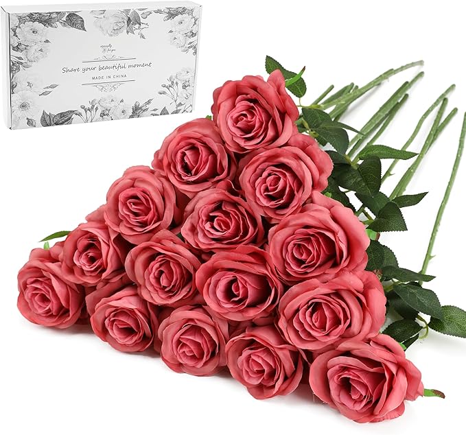 Pink Fake Roses Artificial Flowers - 16 Pcs Fake Artificial Roses Silk Flowers with Stems for Home Wedding Hotel Office Centerpiece Decor（Coral Pink）-Ruum Studio Home