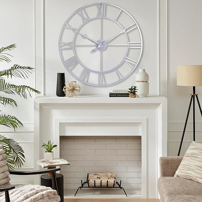 CLXEAST Large Modern 30 Inch Wall Clock Silver, Oversized Big Roman Numeral Metal Wall Clocks for Living Room Decor, Home Office-Ruum Studio Home