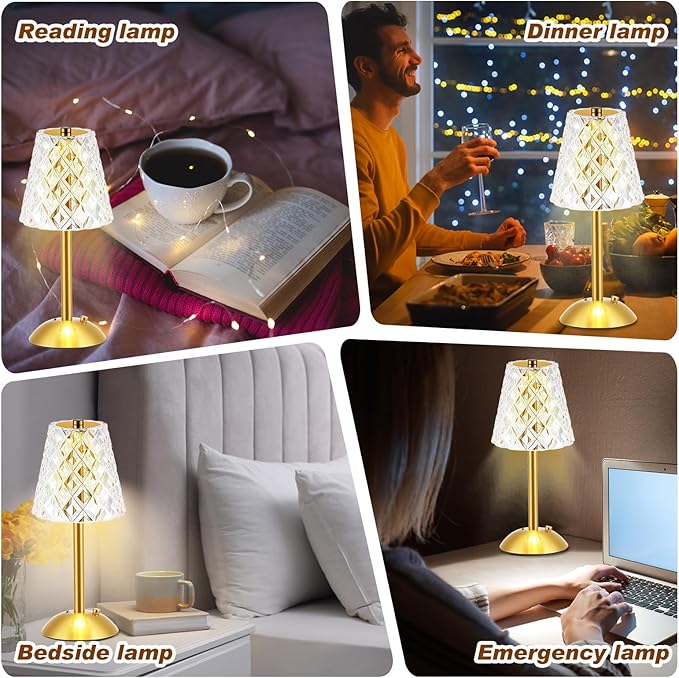 Liliful 2 Pcs LED Portable Cordless Table Lamp Touch Battery Operated Rechargeable Desk Lamp 3 Color Dimmable for Bedroom Living Room Dining (Diamond Style,Gold)-Ruum Studio Home