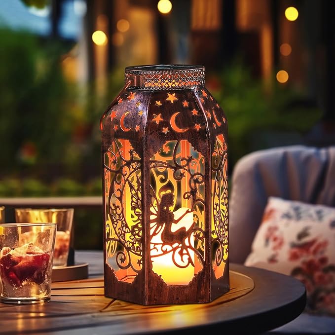 Solar Lanterns Outdoor Hanging Metal Bronze Moon Fairy Lantern, 1 Pack Waterproof Flickering Flameless Candle Mission Lights for Table,Pathway,Garden Gifts for Women, Mothers' Day Gift-Ruum Studio Home