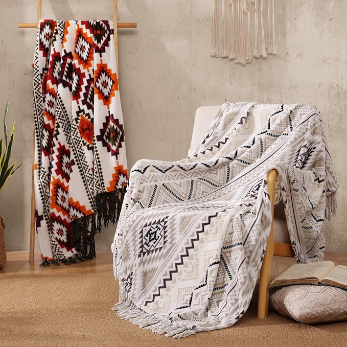 CASAAGUSTO Boho Throw Blanket - Orange and Green Decorative Blankets with Tassel, Printed Flannel Bohemian Blanket for Chair, Bed, Sofa, Couch(60 * 80, Orange and Green)-Ruum Studio Home