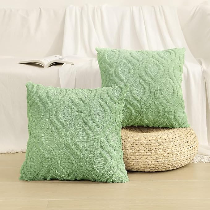 decorUhome Throw Pillow Covers 26x26 Inch Set of 2, Soft Plush Decorative Faux Fur Sage Green Solid Couch Pillow Covers, Accent Farmhouse Neutral Square Euro Pillow Cases for Sofa Bed Living Room-Ruum Studio Home