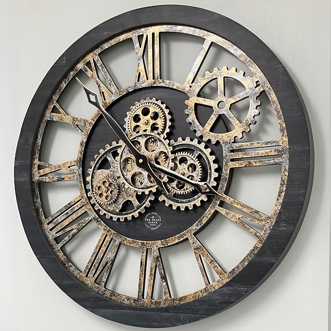 The Gears Clock The Original Real Moving Gear Wall Clock Vintage Industrial Oversized Rustic Farmhouse (24 inch (60cm), Vintage Black Wood and Bronze)-Ruum Studio Home