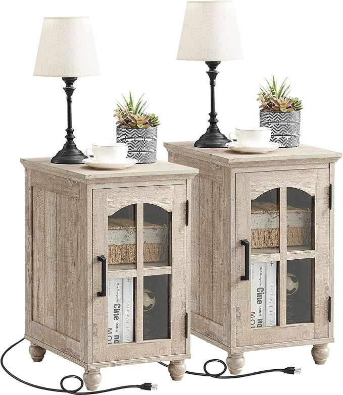Narrow Side Table Set of 2,Farmhouse Nightstand with Charging Station,End Table with Glass Barn Door Storage, Cabinet Organizer with Adjustable Shelf, Night Stand for Small Spaces Living Room Bedroom-Ruum Studio Home