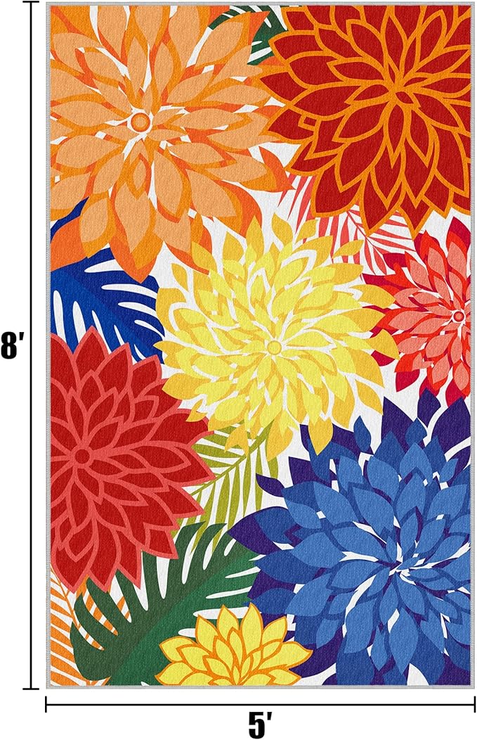 Indoor Outdoor Area-Rug Washable Multicolored Patio Rug Tropical Botanical Modern Floral Indoor Outdoor Carpet Non-Slip for Patio, Deck, Backyard, Porch (5x8)-Ruum Studio Home