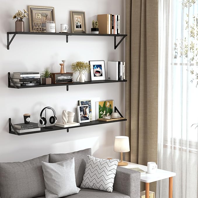 Heimlove 48 Inch Large Wall Bookshelves Set of 3, Wall Mounted Bookshelves,Heavy Duty Wooden Shelves for Living Room,Bedroom,Kitchen,Laundry Room Storage & Decor-Ruum Studio Home