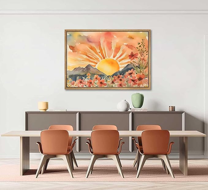 Framed Boho Sun Canvas Wall art Mid-Century Modern Abstract Bohemian Sunset in The Mountains Watercolor Wildflowers Sunrise Landscape Picture Wall Decor Poster Print Artwork for Living Room-Ruum Studio Home